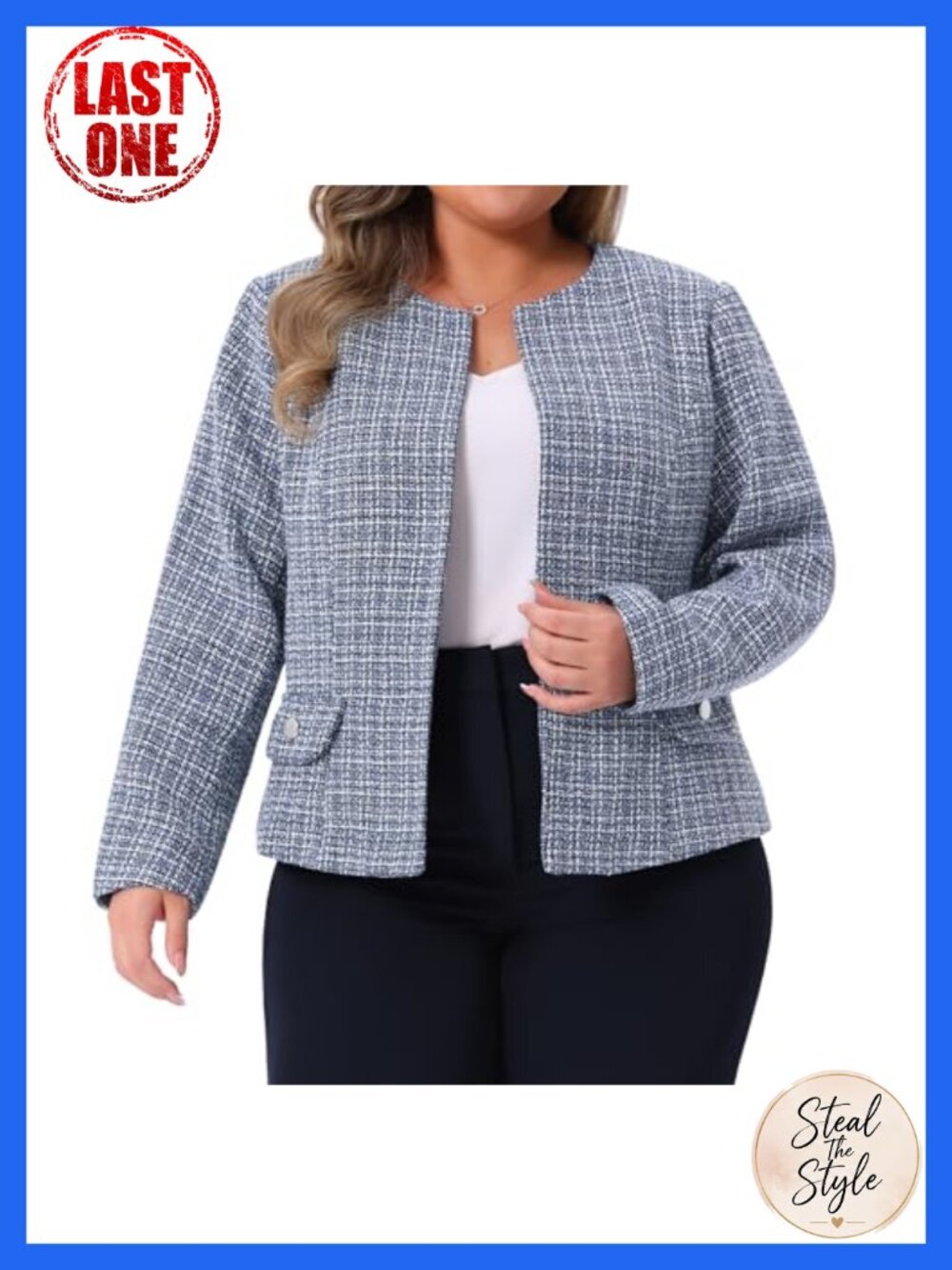 Plus Size Tweed Blazer Collarless Open Front Long Sleeve Work Business Jacket